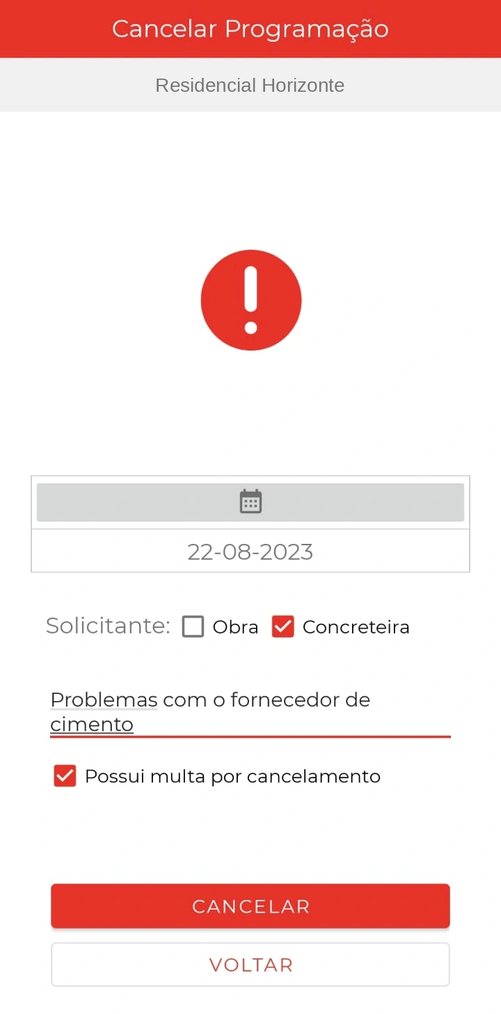 Cancelamento de programação, com identificação substituída para demonstração