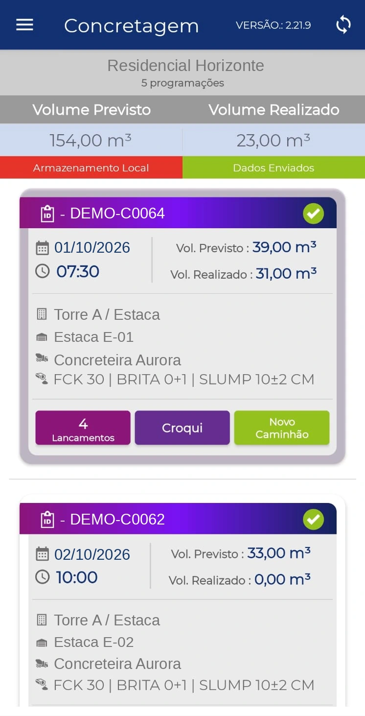 Concretagens no campo, com identificação substituída para demonstração