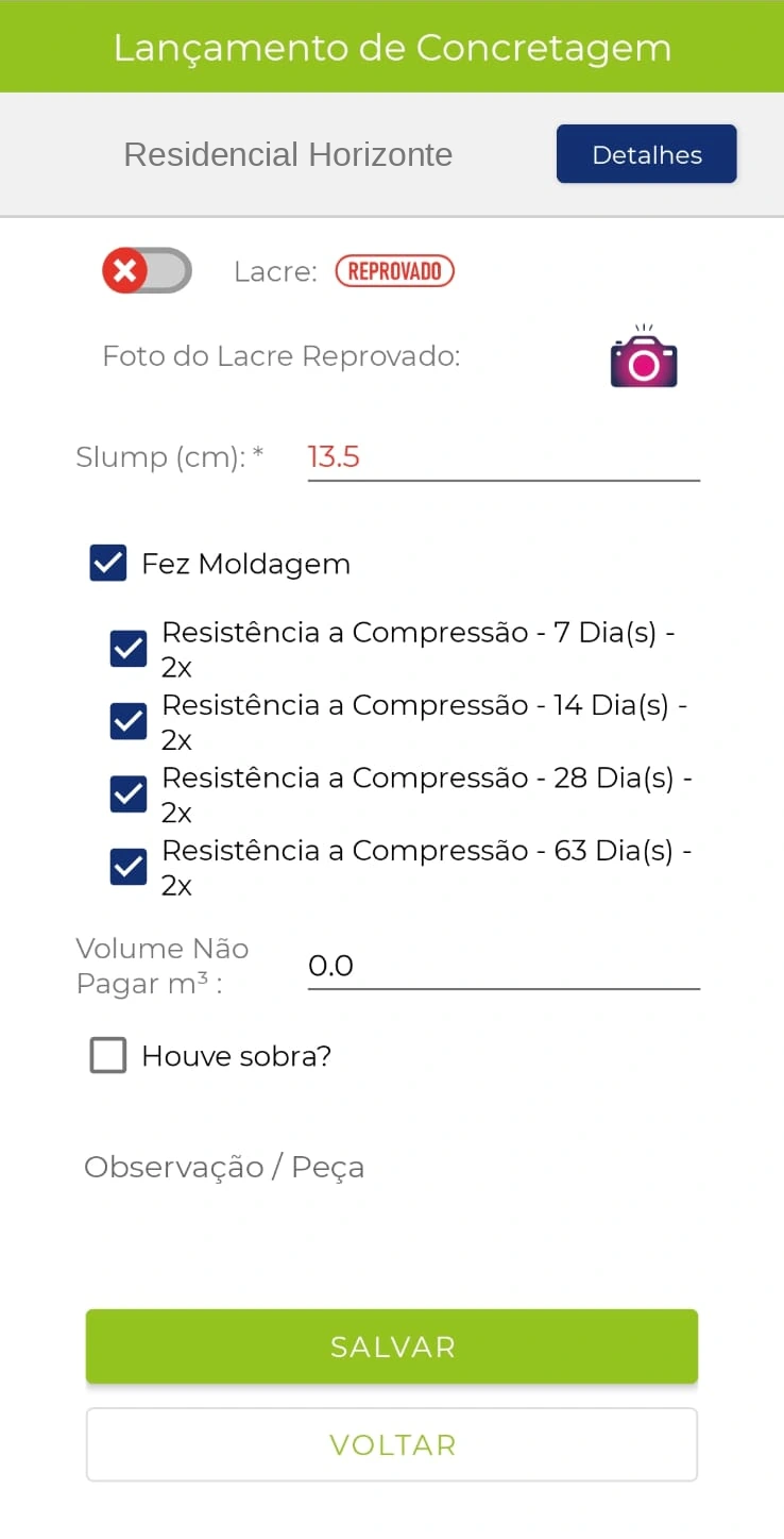Slump, lacre e corpos de prova, com identificação substituída para demonstração