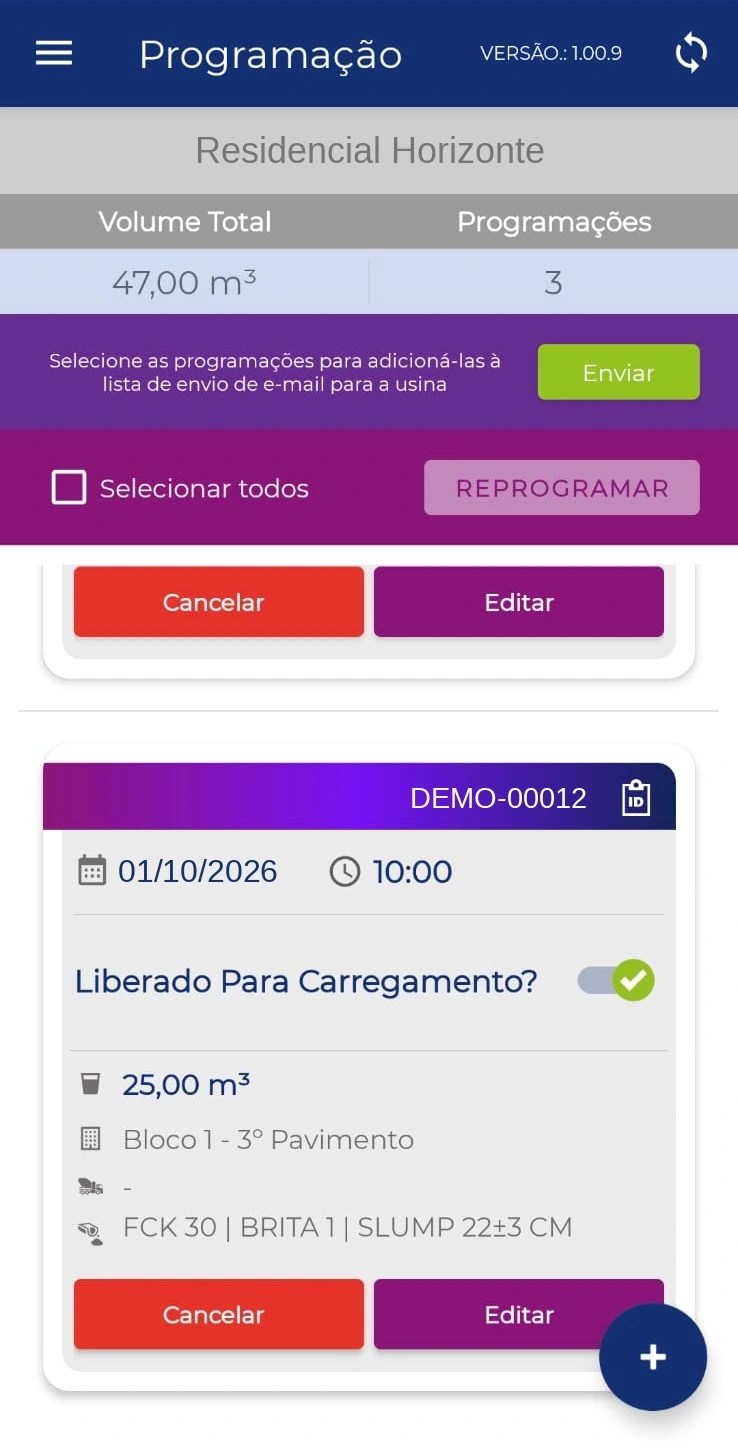 Programação no aplicativo, com identificação substituída para demonstração